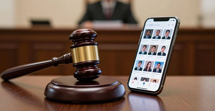 Gavel on social media icons near the courtroom.
