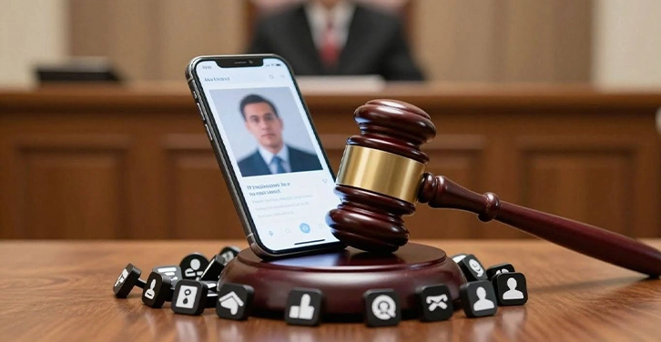 Gavel on social media icons, smartphone, courtroom.