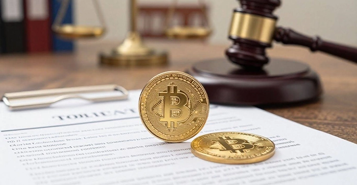 Split Bitcoin coin, wedding ring, and gavel on legal documents.