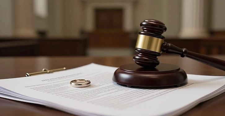 Gavel, wedding ring, and legal documents on a table.
