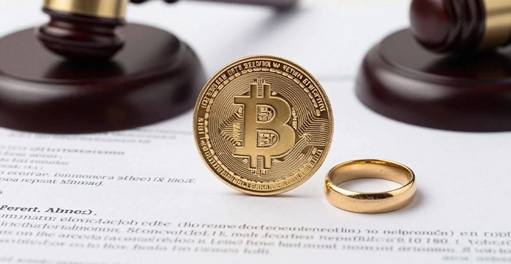 Divided Bitcoin coin and gavel on legal papers.