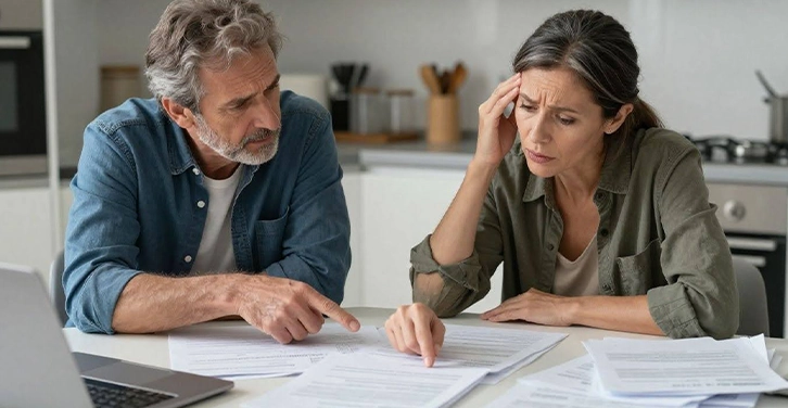 Couple reviewing financial documents during divorce.