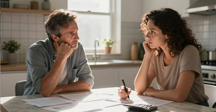 Couple reviewing retirement finances after divorce.