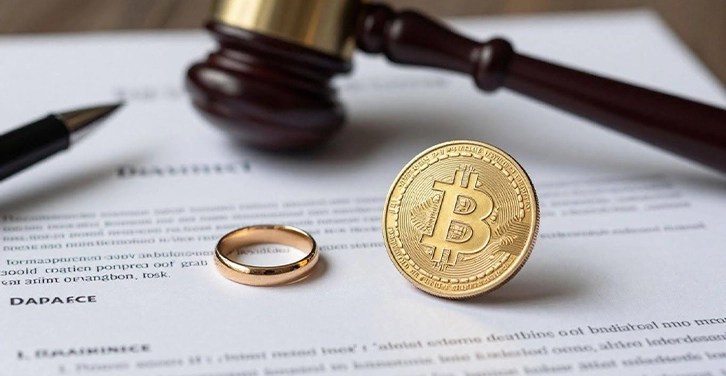 Split Bitcoin coin, wedding ring, and gavel on legal papers.